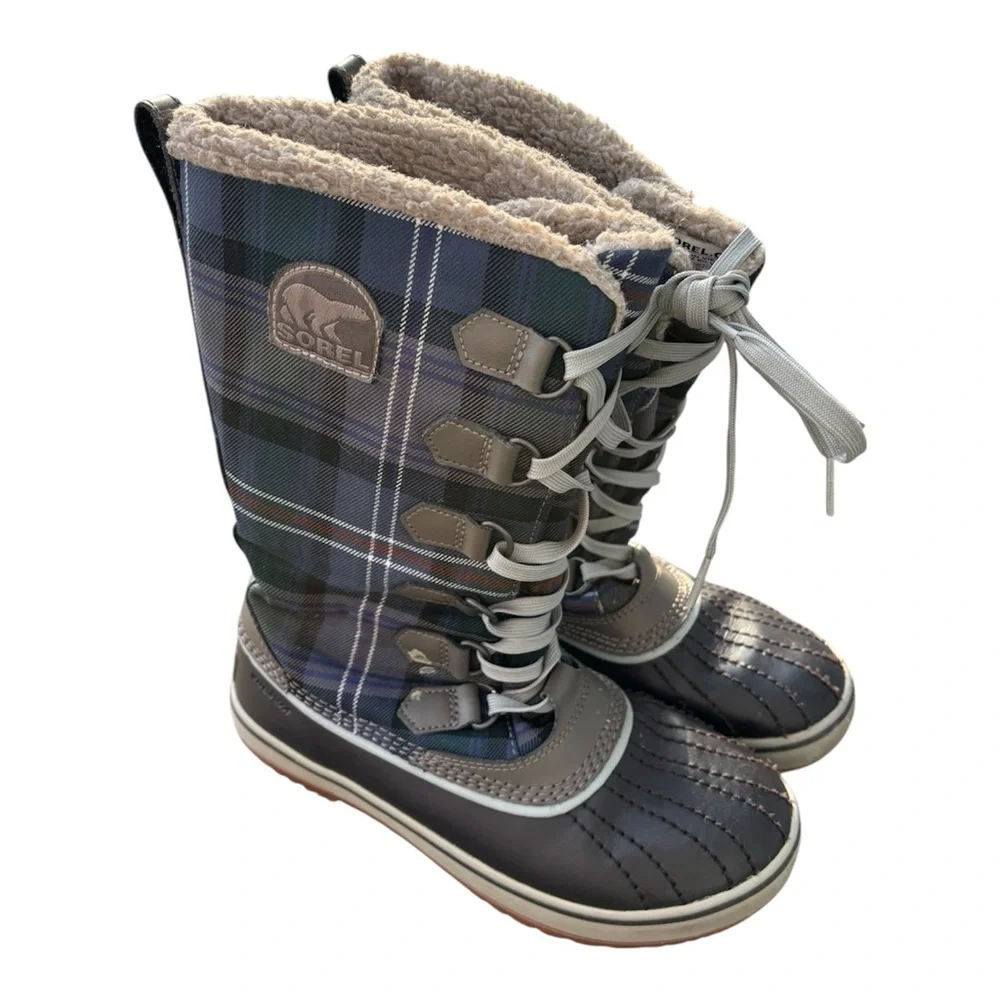 Sorel Women’s Tivoli High Waterproof Winter Boots – Brown w/ blue-grn plaid sz 6